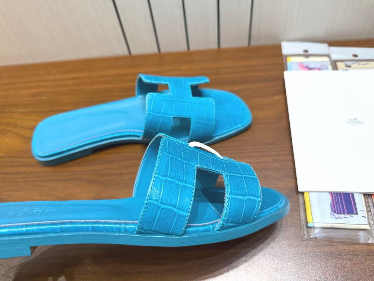 HM 26s Oran Slides Blue Crocodile-Embossed Leather