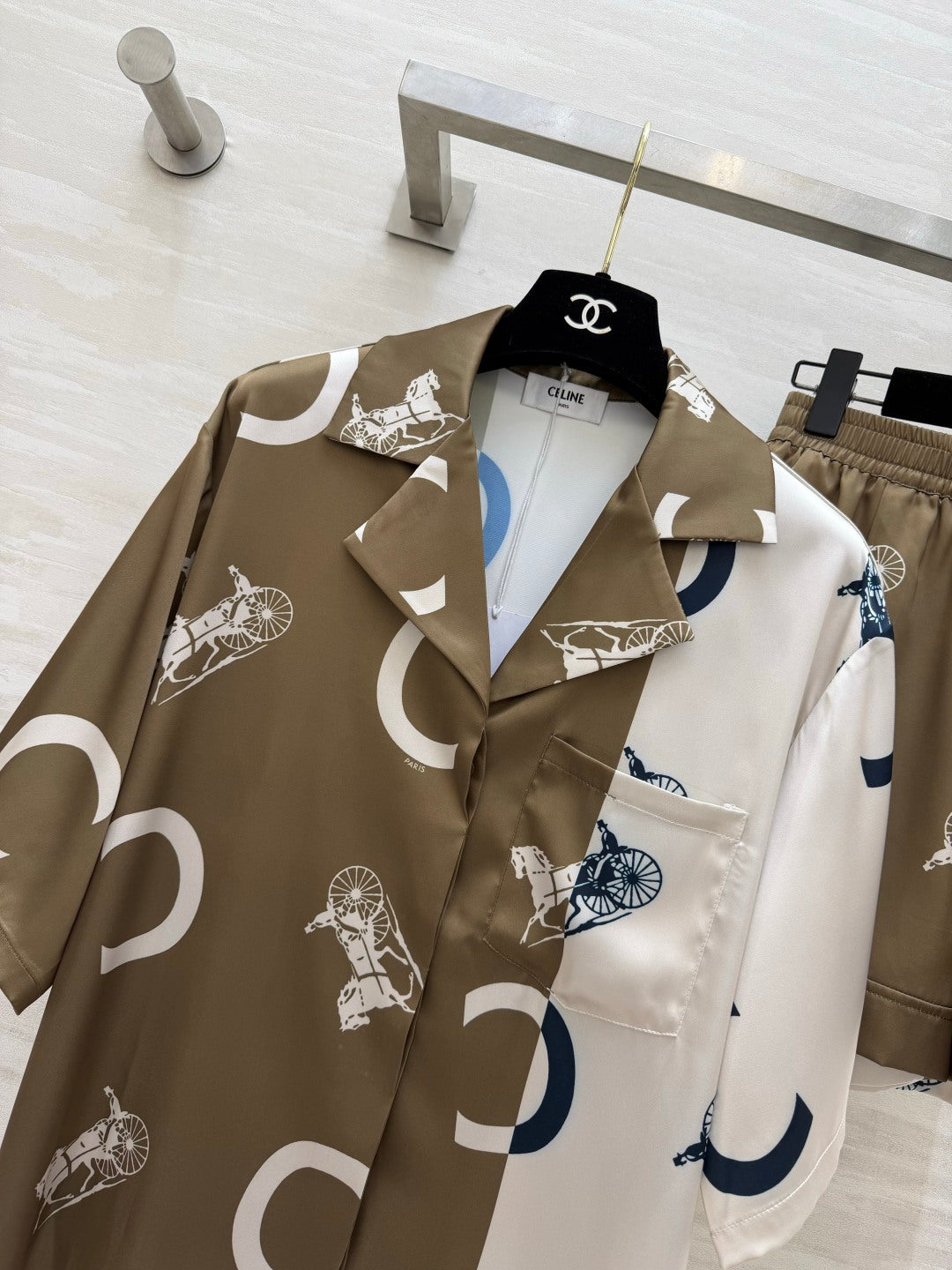 Celine Set Pyjama Shirt Short Brown White Silk Twill 397059