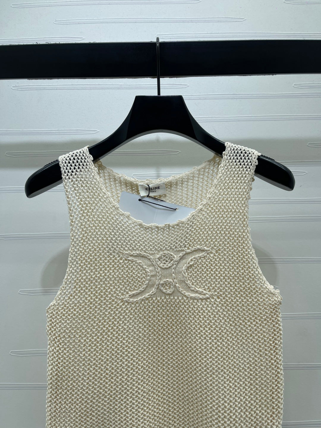Celine 26s Triomphe Crochet Knit Vest Ivory Wool Cashmere 373120