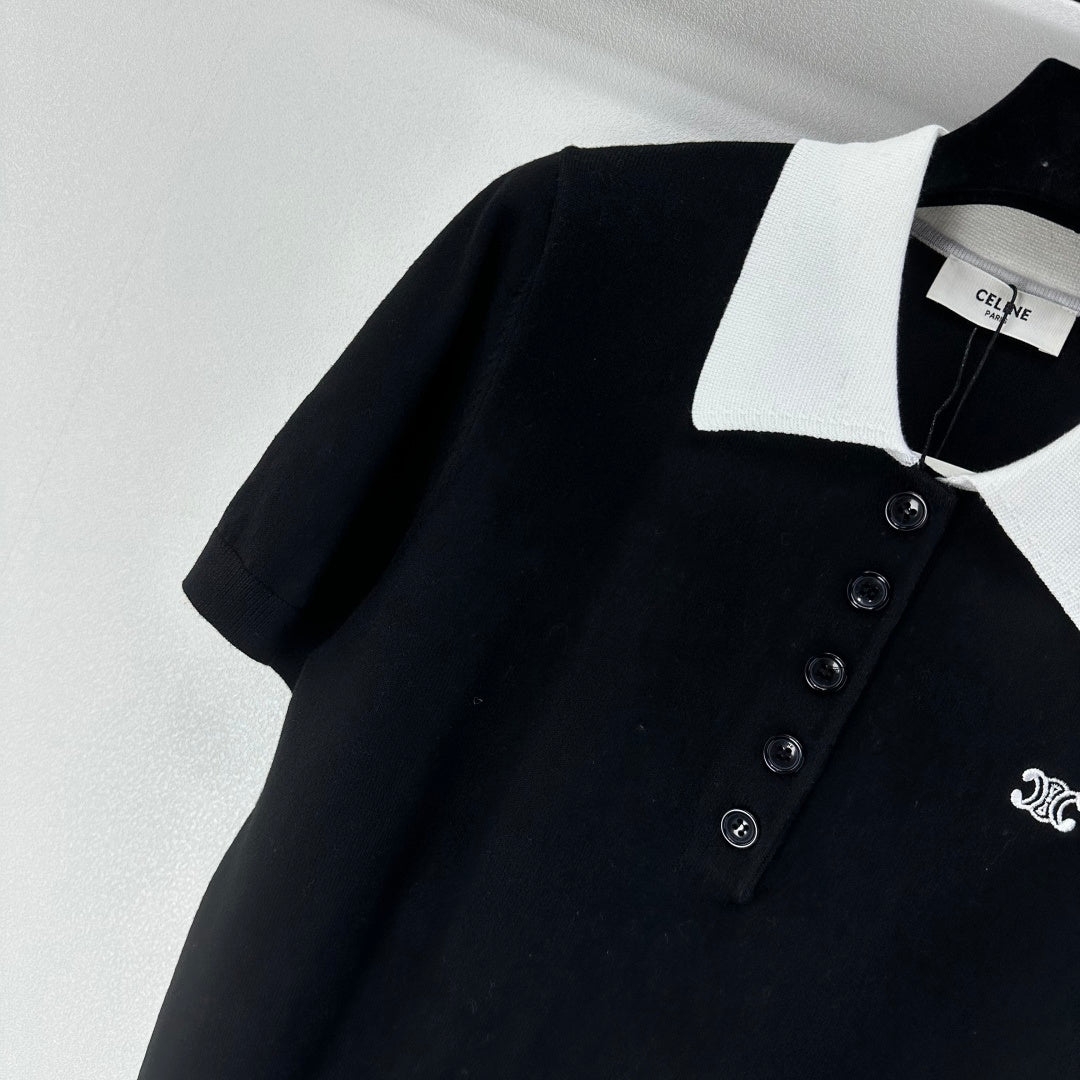 Celine Short-sleeved Polo Shirt Black Cashmere Wool 349073