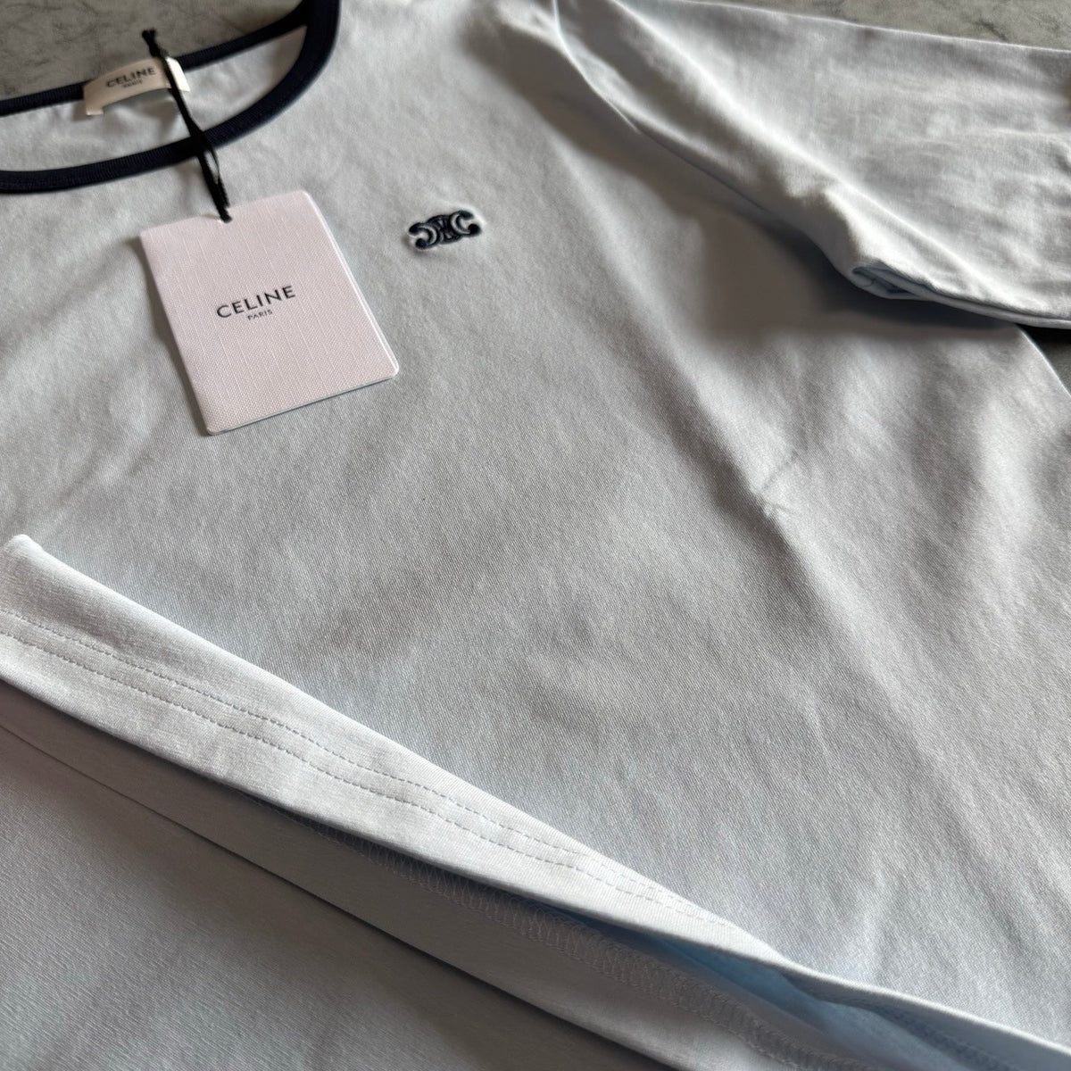 Celine SS26 Short-Sleeve Tee Small Logo Embroidery White Cotton 350489