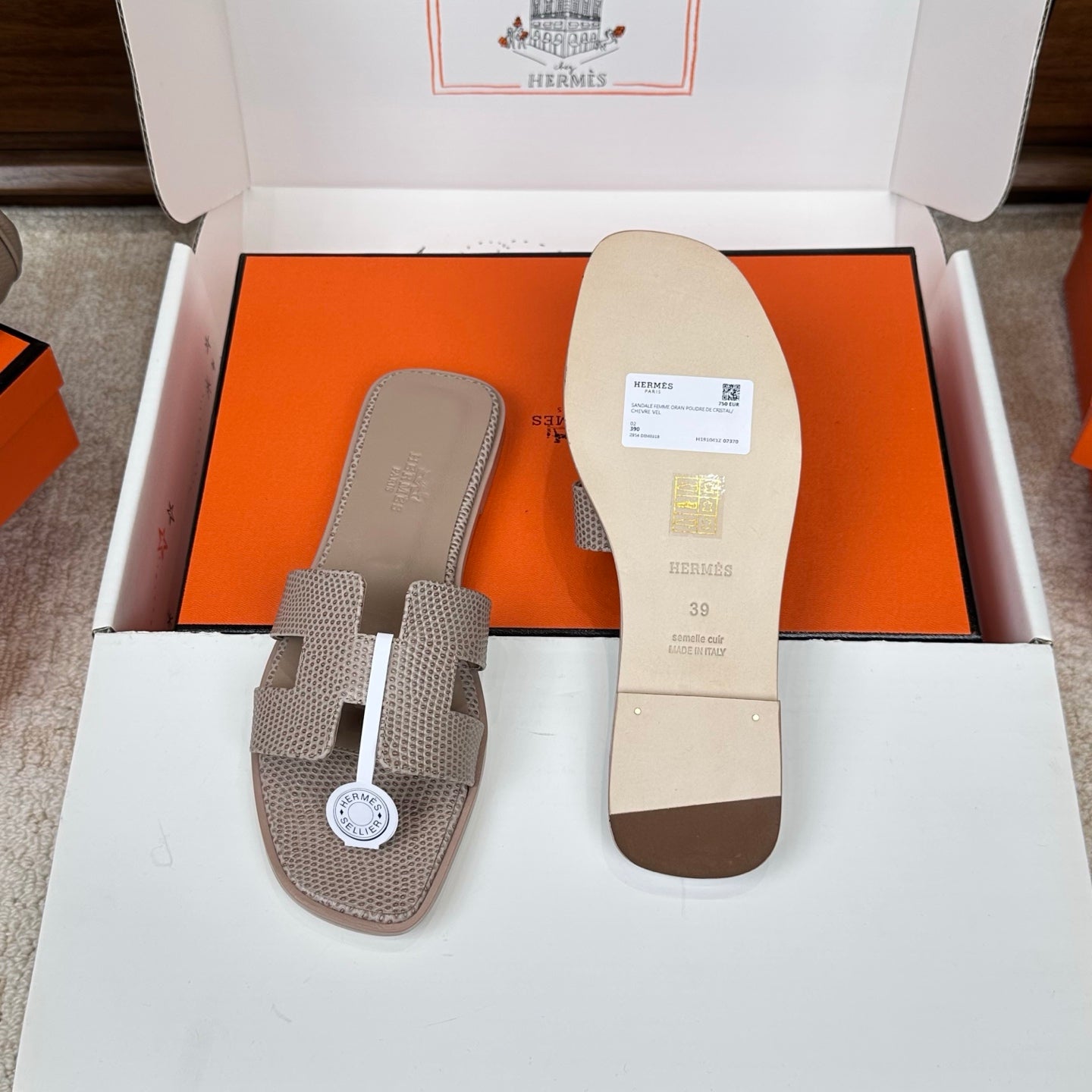 HM Oran Sandal Light Taupe Embossed Lizard Leather 802376