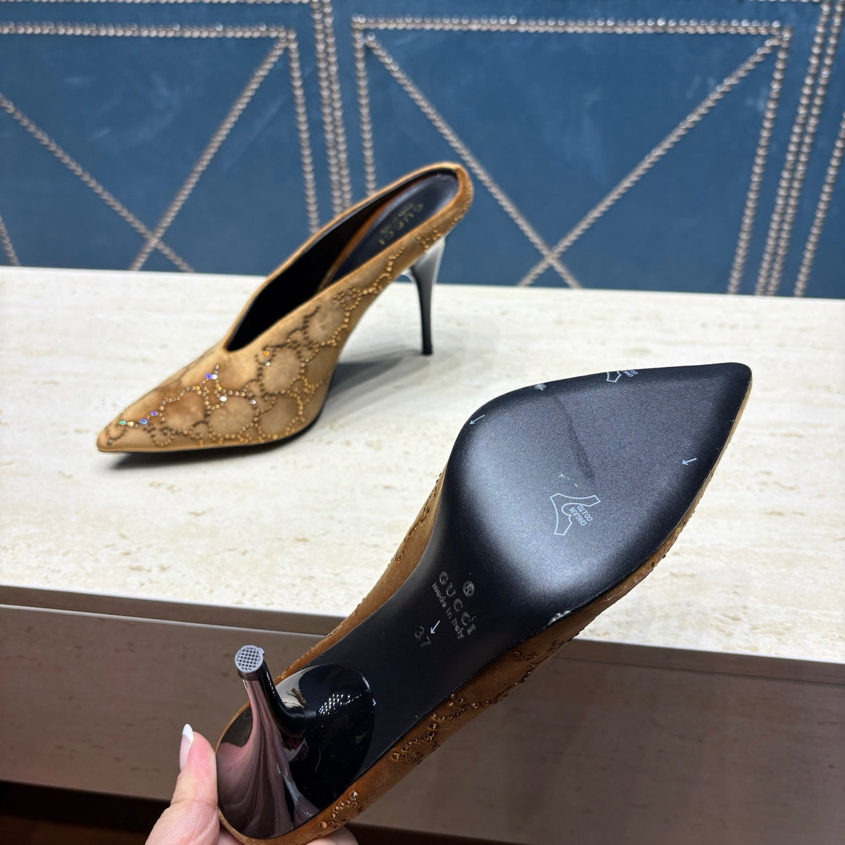 GG High-Heeled Mule 10.5cm Brown Velvet 741289