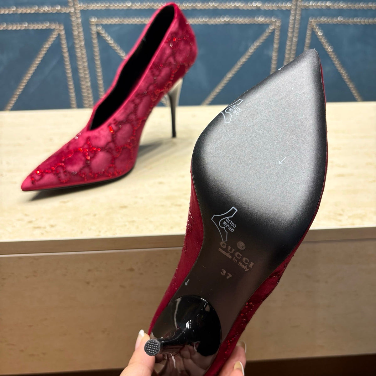 GG High-Heeled Pump 10.5cm Burgundy Velvet 741292