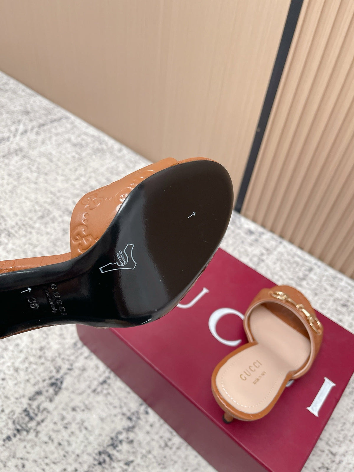 GG Sandal With Horsebit 8.5cm Brown Shiny Leather 752224