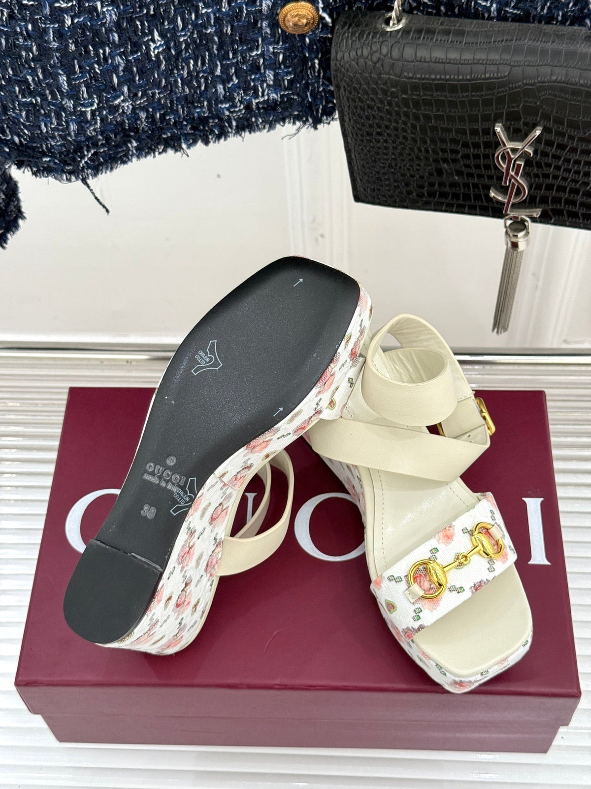 GC Floral Platform Wedge Sandal White Mix Flower lambskin