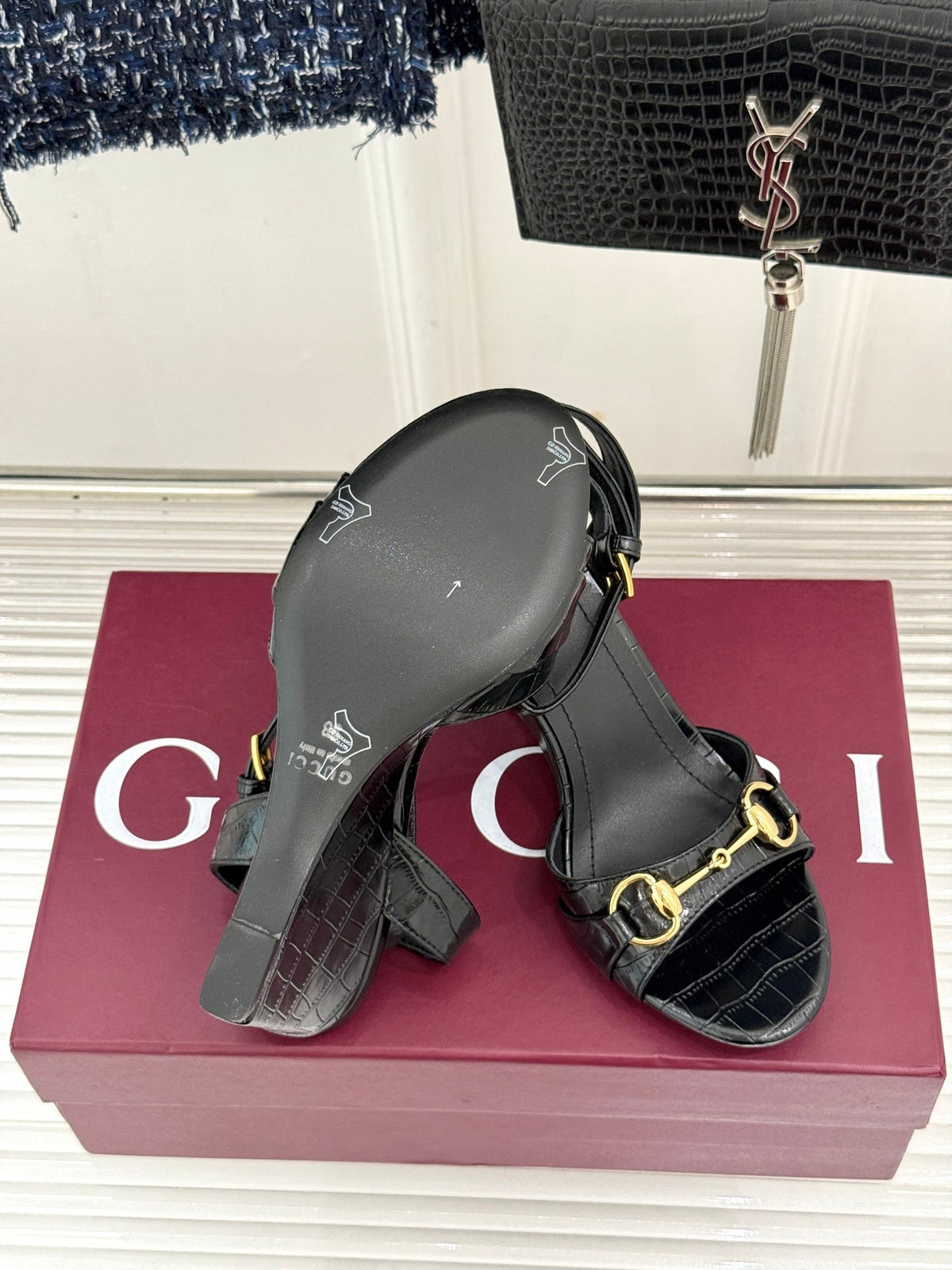 GG 26s Donna Wedge Sandal 8cm Black Embossed Sheepskin 991717