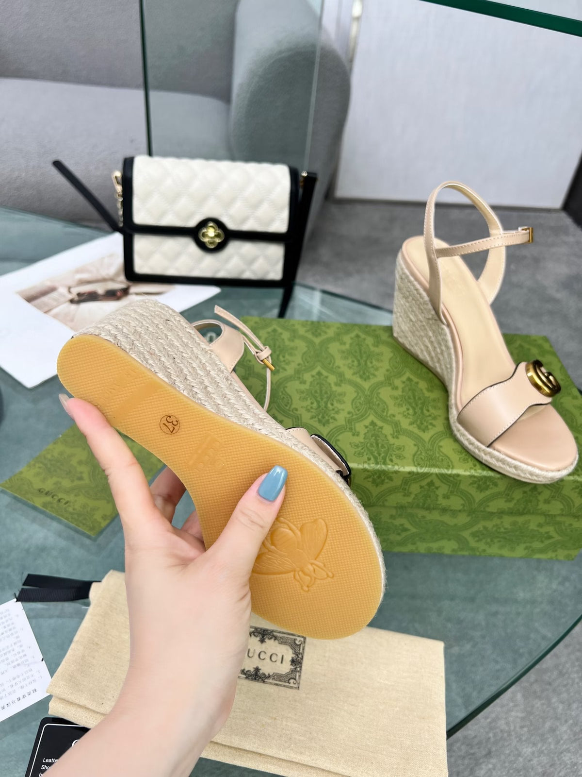 GG 26s Straw Platform Sandals 8cm Light Pink Leather 926713
