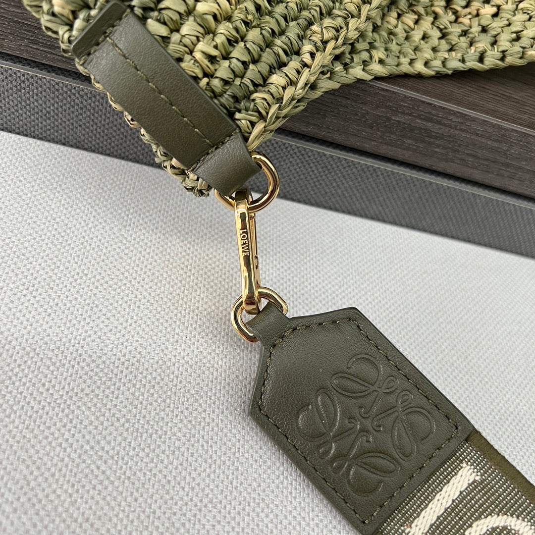 Loewe Ibiza Mini Slit Raffia Tote Bag 30cm Olive Raffia Leather