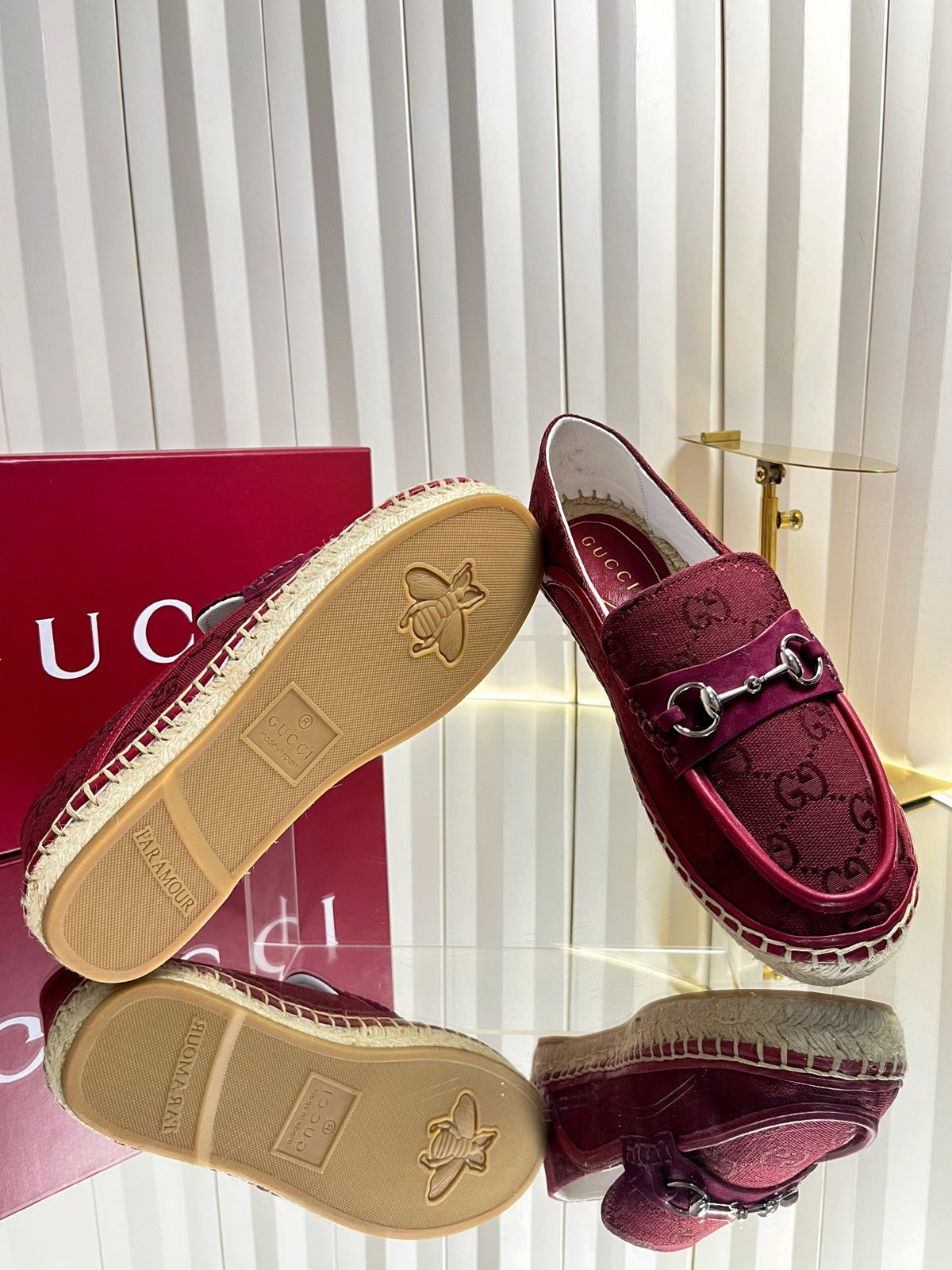 GG 26s Horsebit Espadrilles Flat Burgundy Canvas Suede 768177