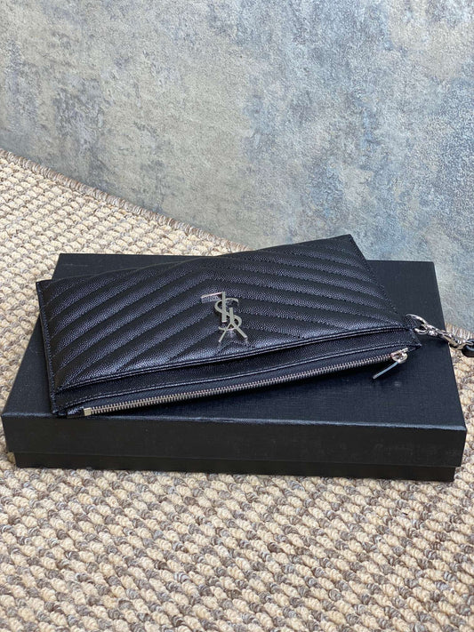YSL Hardware Logo Zipper Clutch 23cm Black Caviar Cowhide