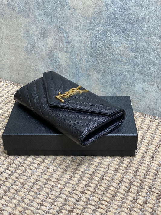 YSL Cassandre Envelope Flap Wallet Black Caviar Cowhide GHW