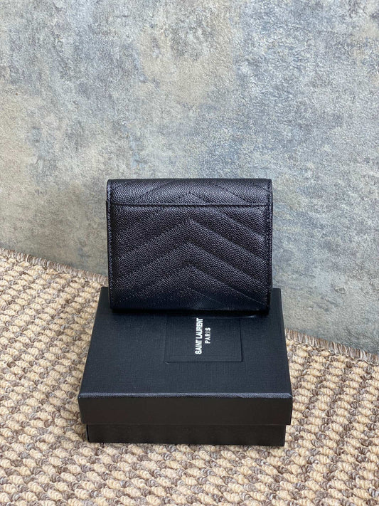 YSL Compact Flap Cassendre Wallet 10cm Full Black Leather