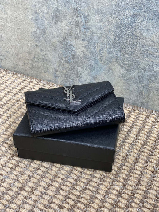 YSL Sliver Logo Monogram Card Flap Wallet 13.5cm Black Caviar Cowhide