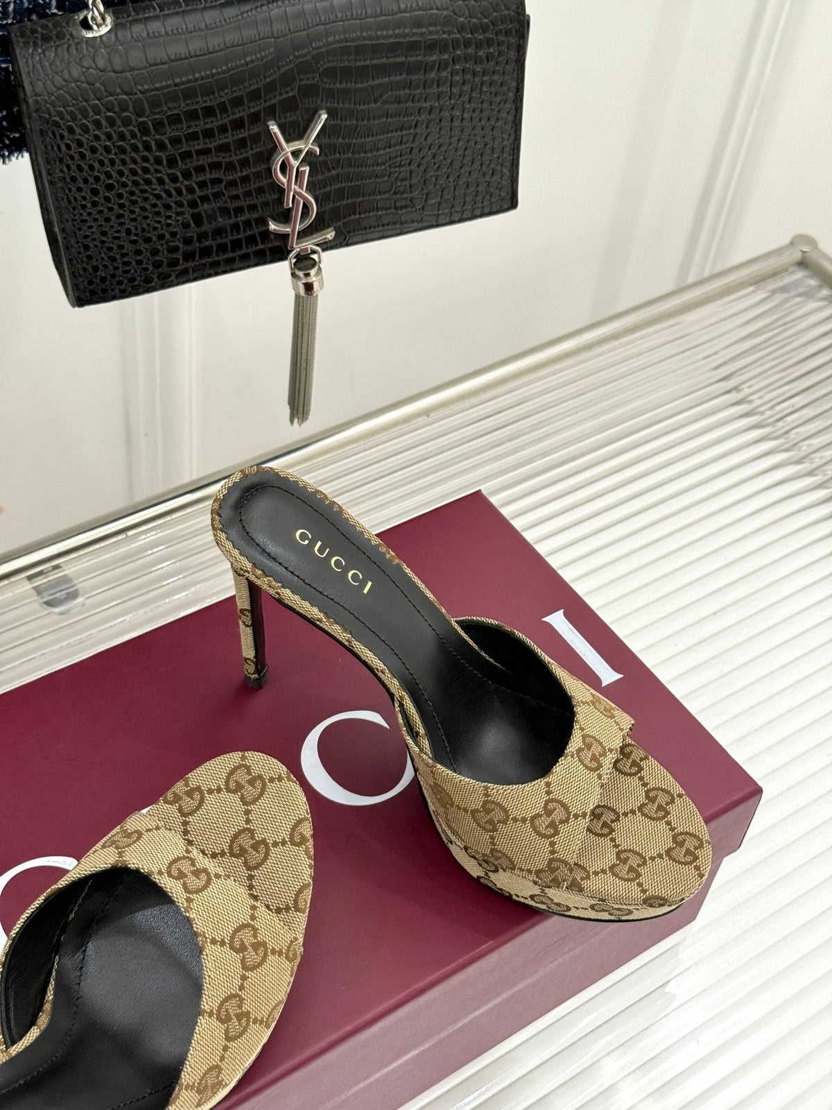 GG 26s Sorbetto Slide Sandal 12cm Beige Canvas 991741