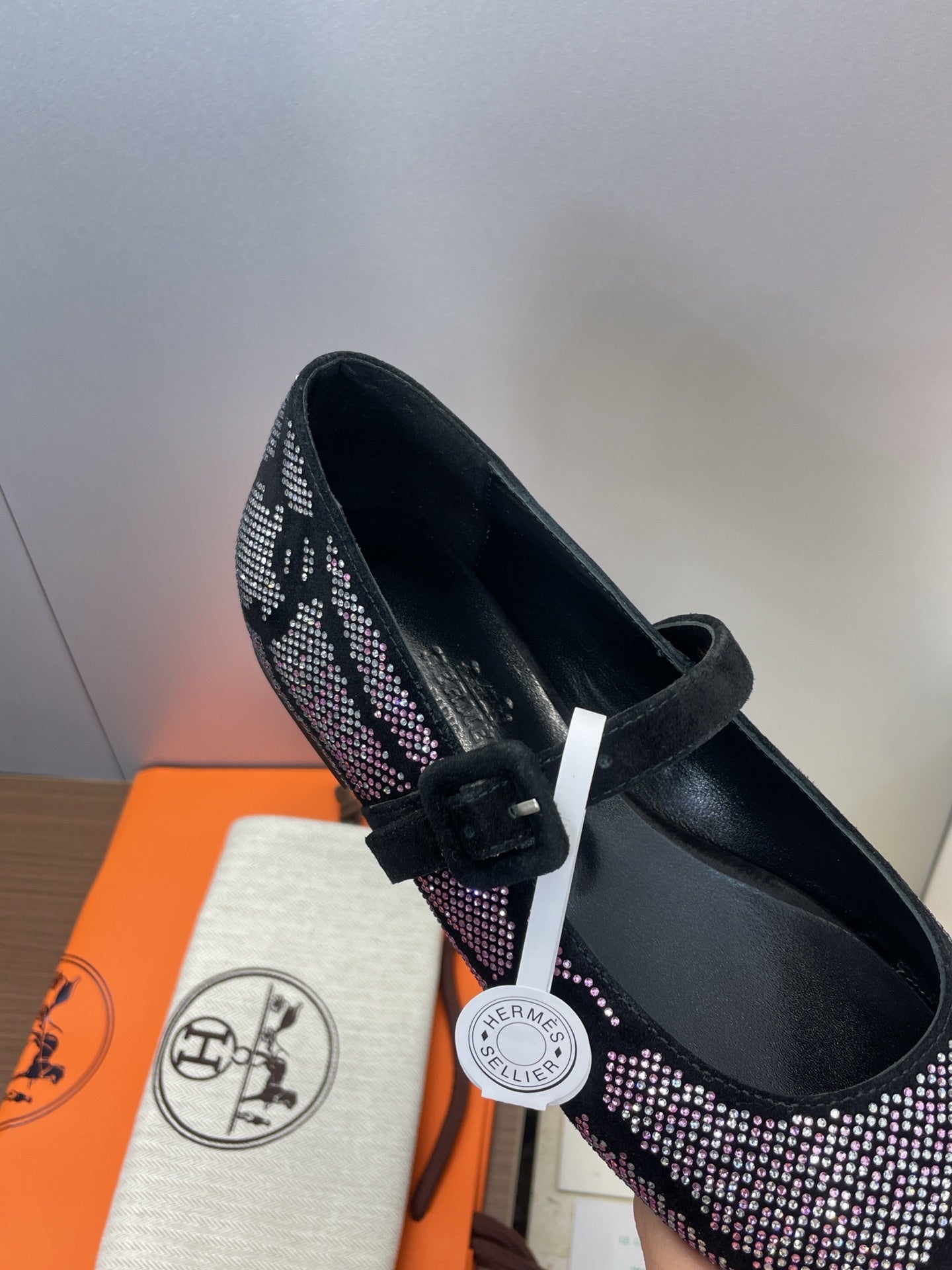 HM Light Ballet Flat with White Rhinestone Black Lambskin