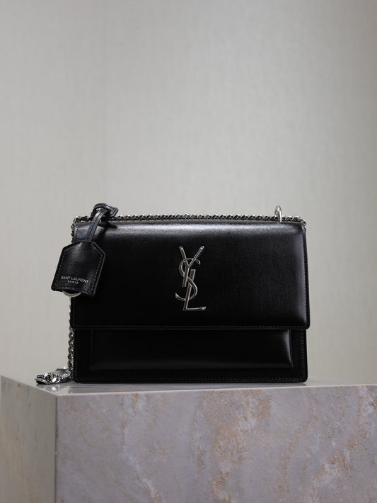 YSL Medium Sunset Shoulder Bag 22cm Black Cowhide Sliver HW