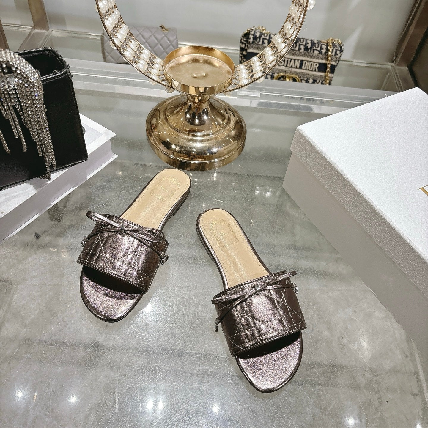 CD 26s Slippers Metallic Brown Beige Calfskin 679866