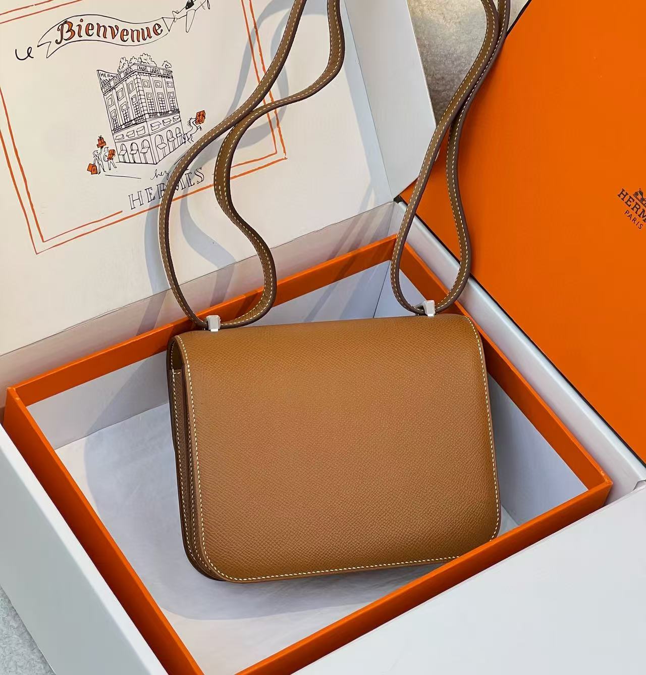 HM CONSTANCE BAGS 22 RUSSET EPSOM SLIVER HARDWARE