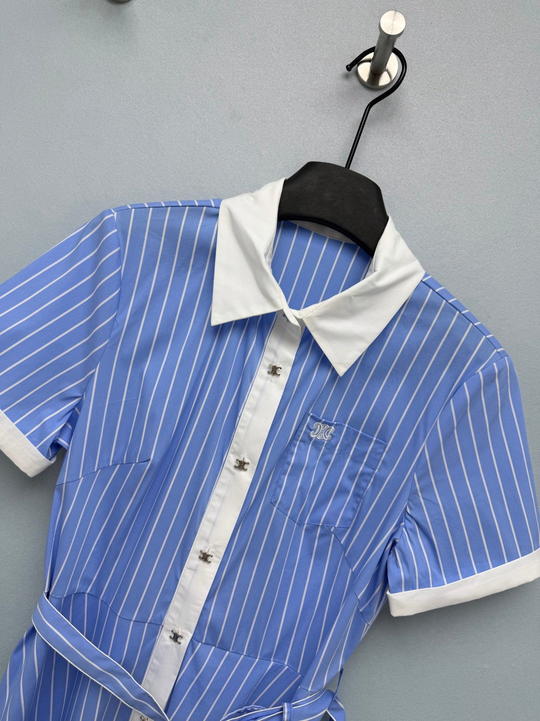 Celine Blue and White Striped Shirt Dress in Cotton 386781