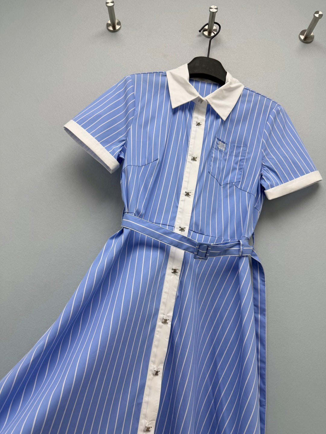 Celine Blue and White Striped Shirt Dress in Cotton 386781