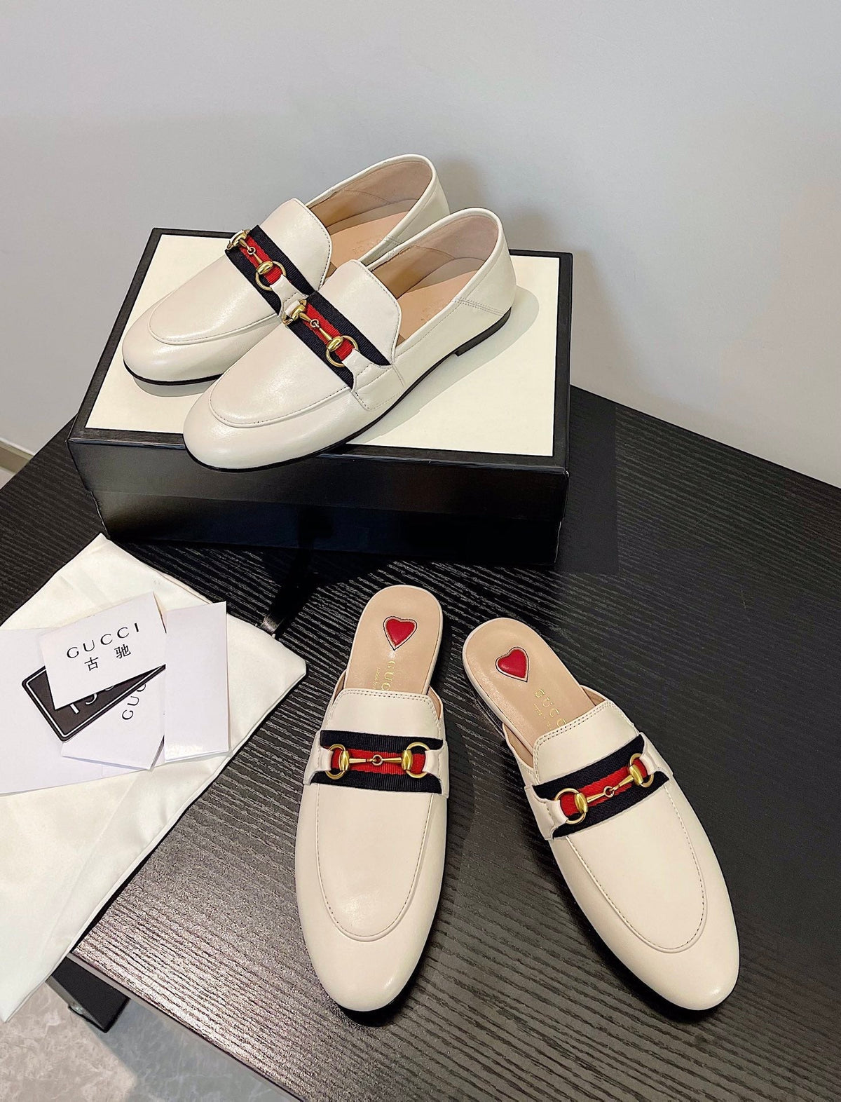 gg loafer cream calfskin black red canvas