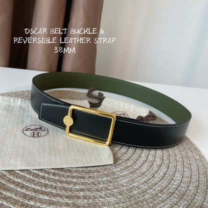 HERMES OSCAR BELT BUCKLE & REVERSIBLE OLIVE GREEN LEATHER STRAP 38MM GOLD HARDWARE