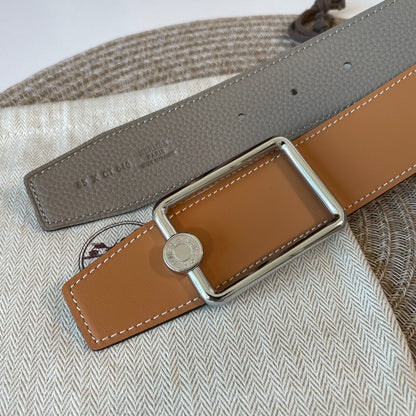 HERMES OSCAR BELT BUCKLE & REVERSIBLE KHAKI BROWN AND ORANGE LEATHER STRAP 38MM SILVER HARDWARE
