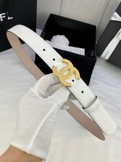 CHANEL DOUBLE C BELT 30MM IN WHITE CALFSKIN METAL BUCKLE