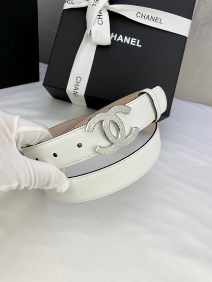 CHANEL DOUBLE C BELT 30MM IN WHITE CALFSKIN METAL BUCKLE
