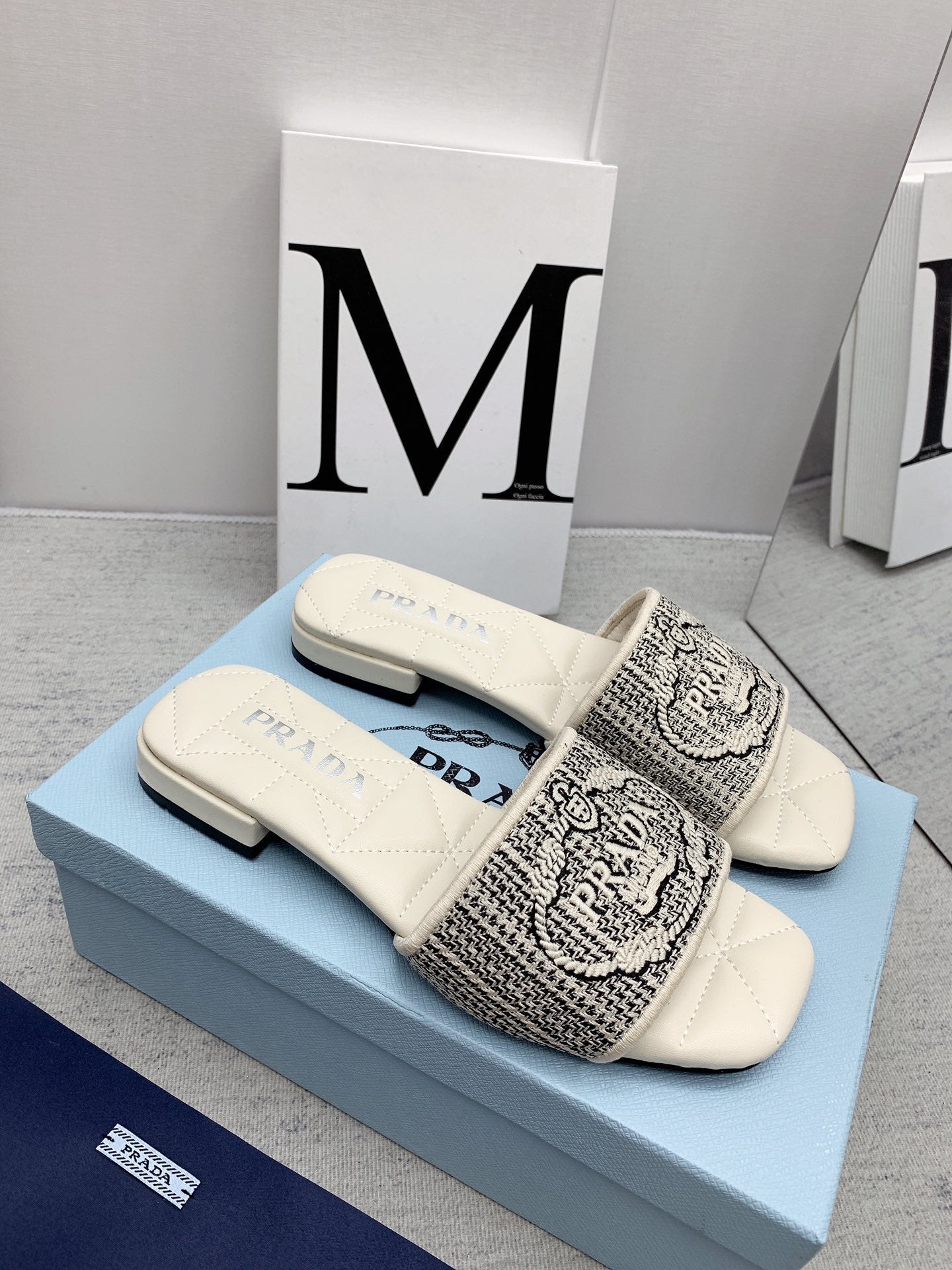Prada 2026 Slippers Embroidery Canvas Sheepskin 731065