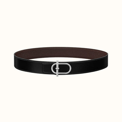 HERMES ITHAQUE BELT SILVER BUCKLE & REVERSIBLE CHOCOLATE BROWN AND BLACK LEATHER STRAP 38MM