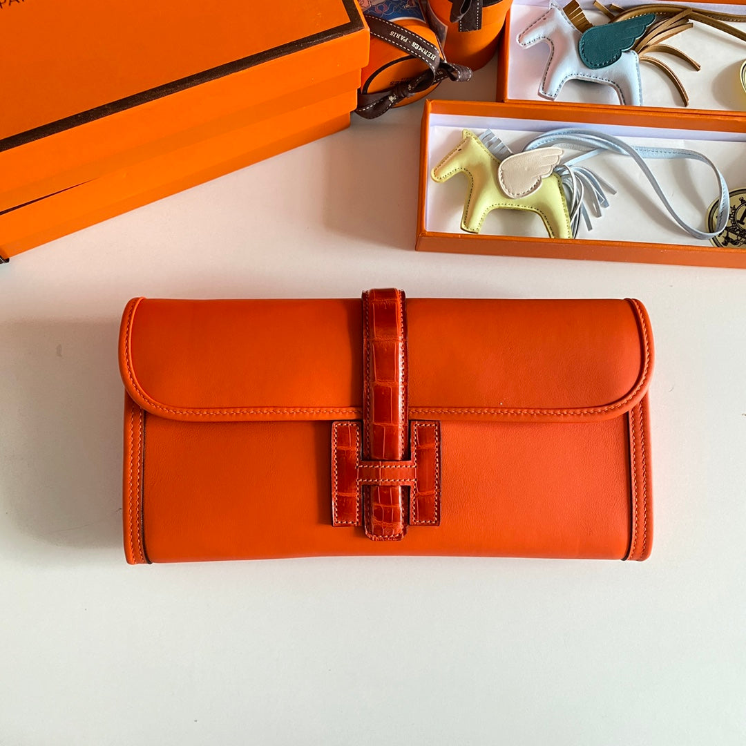 HM Jige Elan 29 Clutch In Bright Orange Calfskin With Lizard Skin(25 days of production)