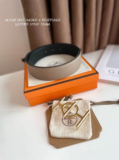 HERMES ULYSSE BELT BUCKLE & REVERSIBLE KHAKI BROWN LEATHER STRAP 38MM GOLD HARDWARE