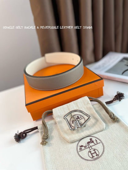HERMES BOUCLE BELT BUCKLE & REVERSIBLE KHAKI BROWN AND WHITE LEATHER STRAP 38MM SILVER HARDWARE