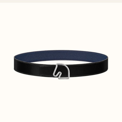 HERMES BOUCLE BELT BUCKLE & REVERSIBLE NAVY BLUE AND BLACK AND WHITE LEATHER STRAP 38MM SILVER HARDWARE