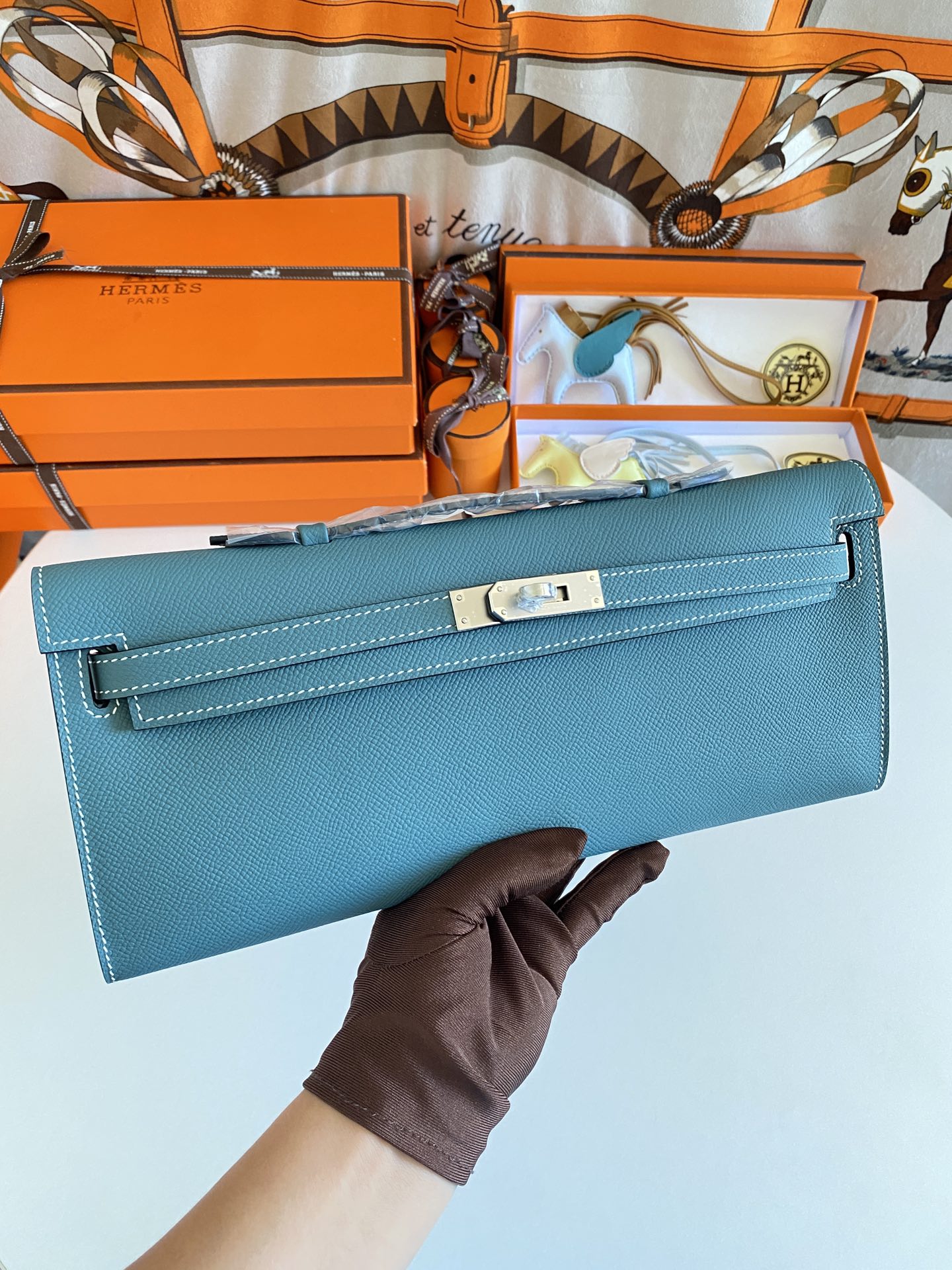 HM Kelly Cut 31 Teal Blue Epsom Leather Silver Hardware 229063