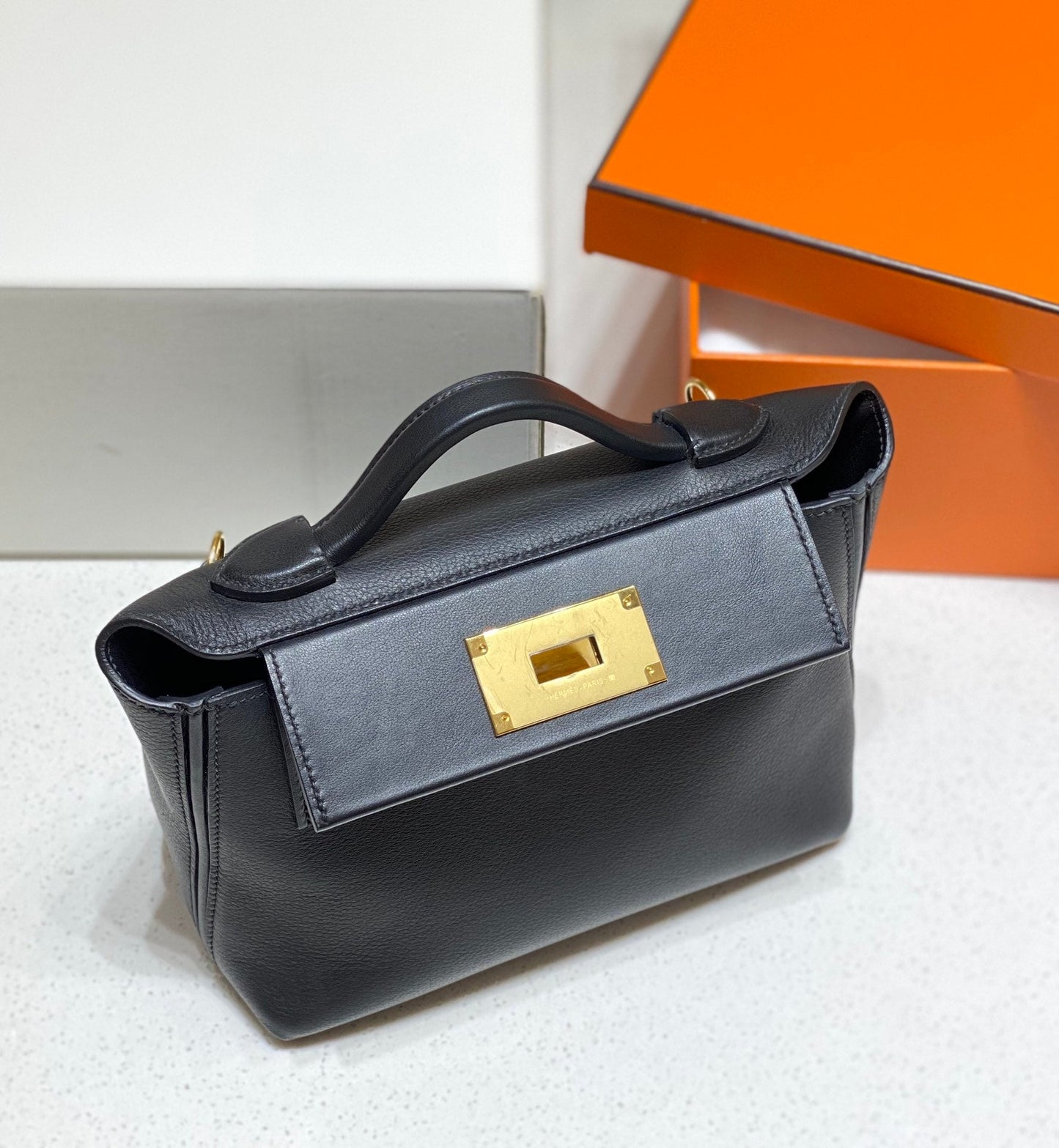 HM Mini 24 Sur 24 Bag 21cm Black Swift Cowhide Gold Hardware 250257