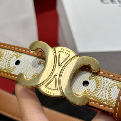 CELINE BELT 25MM IN WHITE AND BROWN CALFSKIN WITH LOGO PRINT AND GOLD BUCKLE