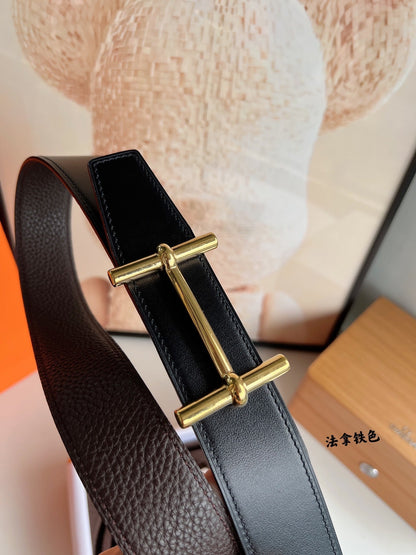HERMES H D'ANCRE BELT BUCKLE & REVERSIBLE CHOCOLATE BROWN LEATHER STRAP 38 MM GOLD HARDWARE