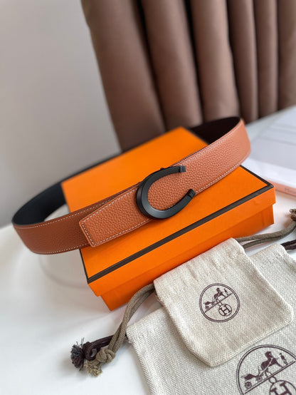 HERMES LUCK BELT BUCKLE & REVERSIBLE GINGER ORANGE LEATHER STRAP 38MM BLACK HARDWARE
