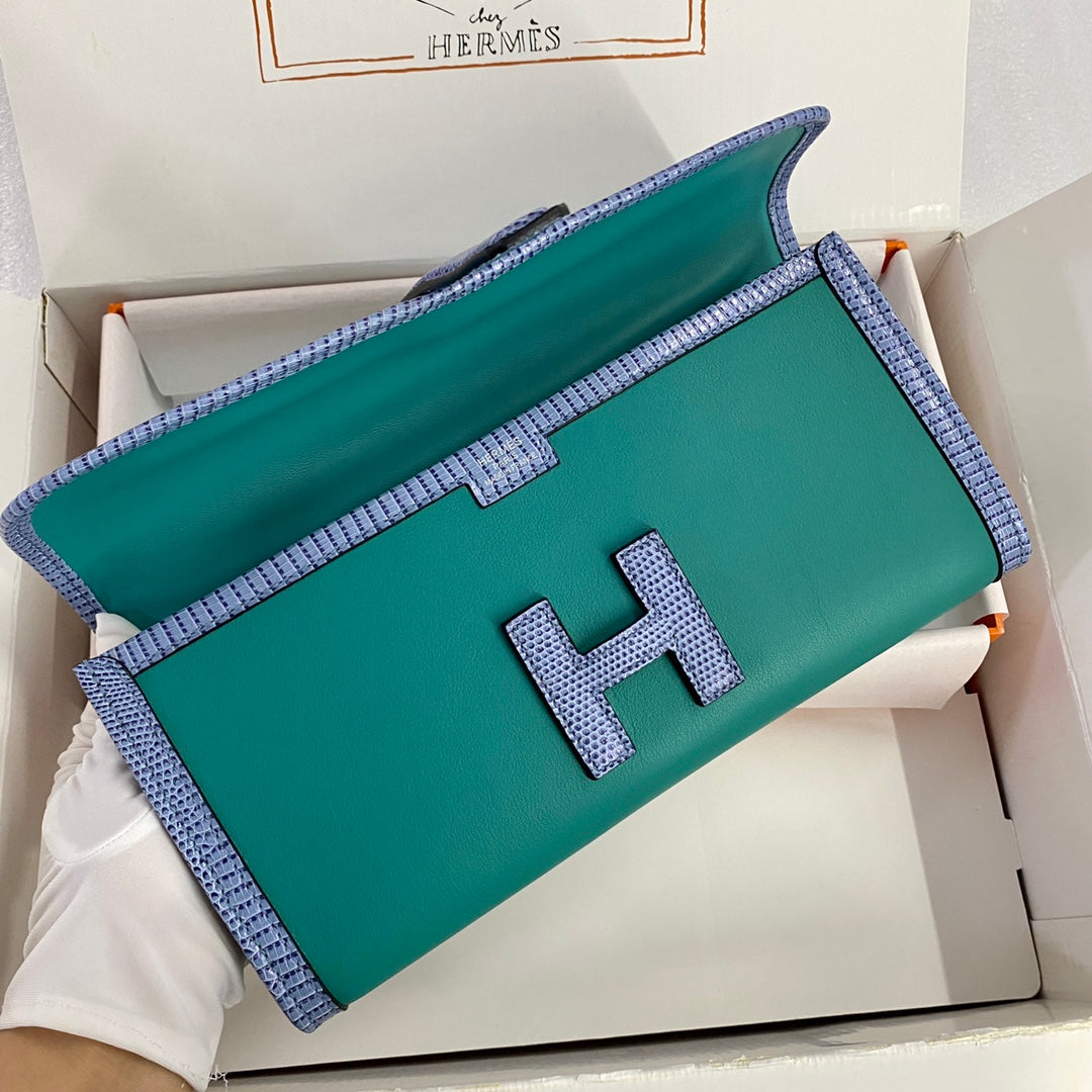 HM Jige Elan 29 Clutch In Teal Green Calfskin With Royal Blue Lizard Skin (25 days of production)