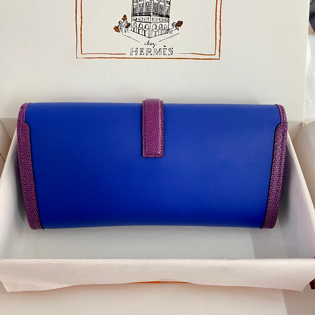 HM Jige Elan 29 Clutch In Cobalt Blue Calfskin With Violet Purple Lizard Skin(25 days of production)