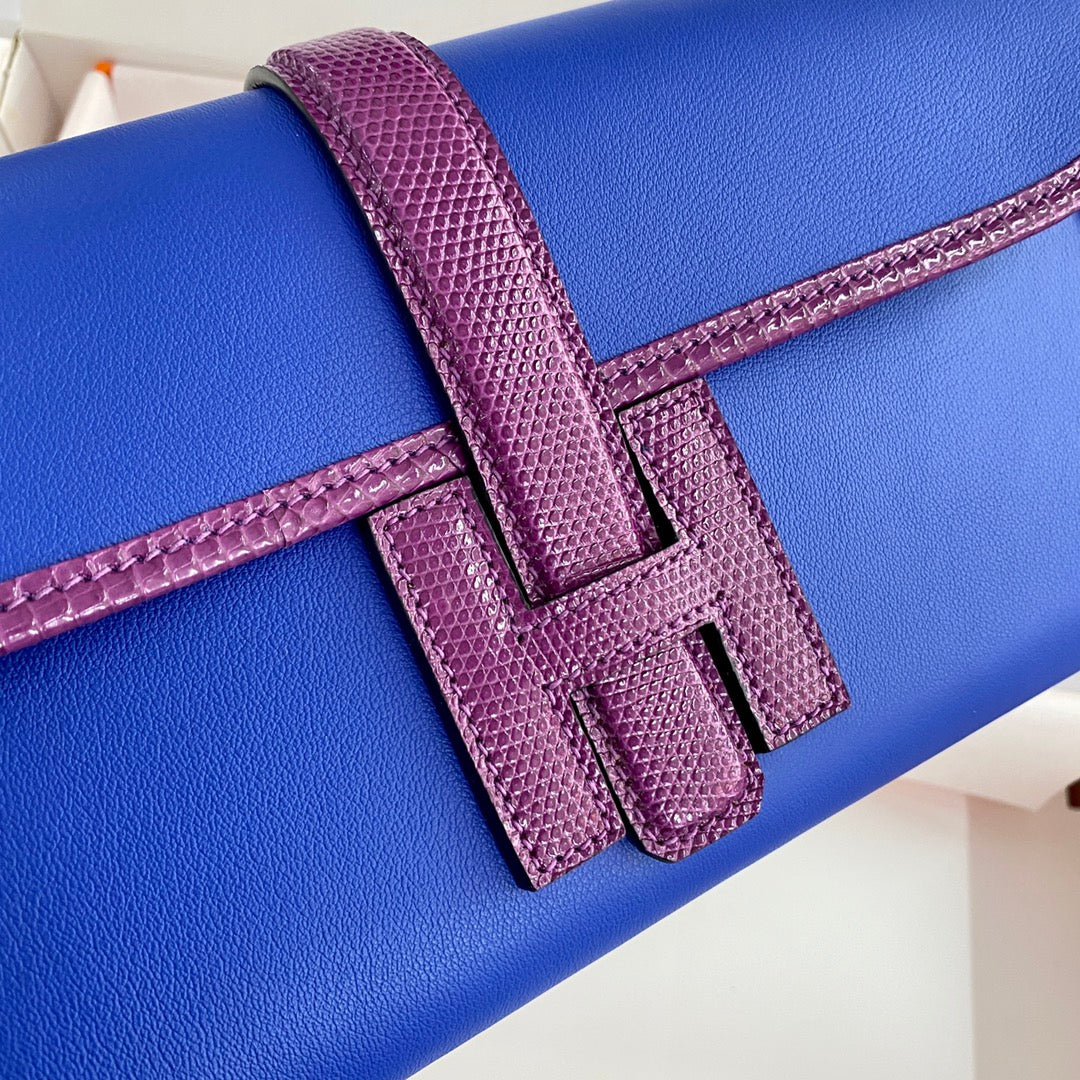 HM Jige Elan 29 Clutch In Cobalt Blue Calfskin With Violet Purple Lizard Skin(25 days of production)