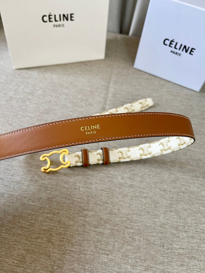 CELINE CL logo Cut-out Belt 25mm White Tan Triomphe Canvas Ghw