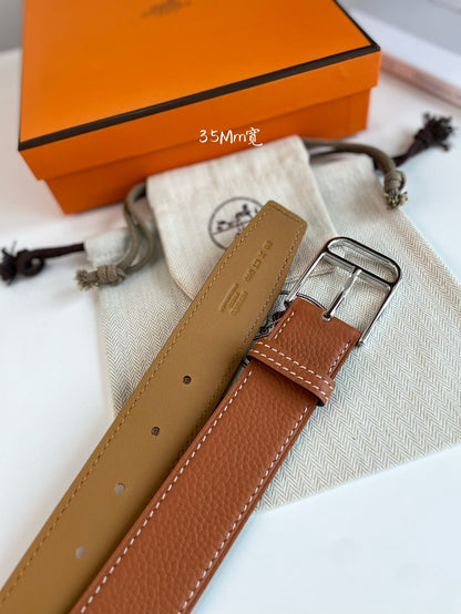 HERMES ROMAIN 35MM BELT YAM ORANGE LEATHER SILVER HARDWARE