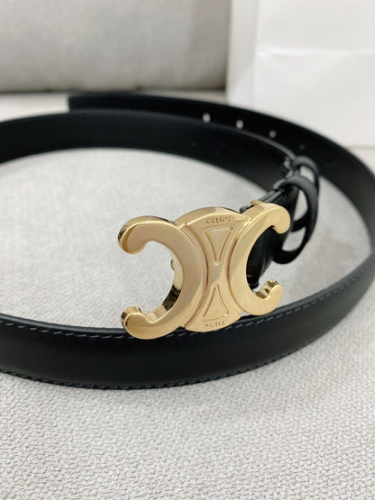 CELINE 25S TRIOMPHE BELT 25MM IN BLACK CALFSKIN GLOD HARDWARE 580679
