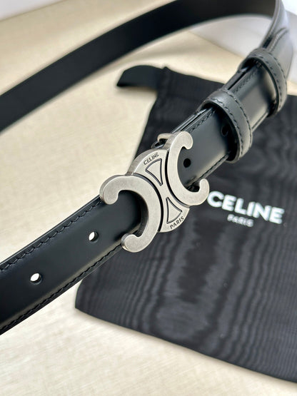 CELINE Medium Triomphe Belt 25mm Black Calfskin Silver Finishing