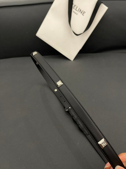 CELINE CL SMALL 18 MM TRIOMPHE BELT IN TAURILLON BLACK LEATHER SILVER HARDWARE