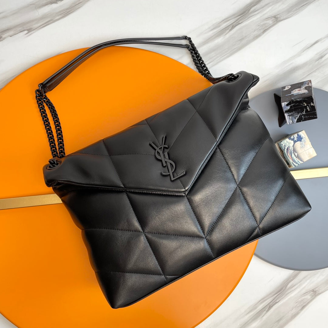 YSL Loulou Puffer Medium Bag 35cm Full Black Glossy Leather